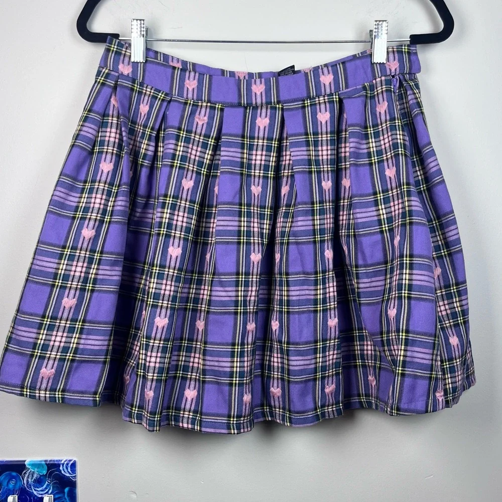 HOT TOPIC Skater Purple Plaid Pink Embroidery Hearts School Girl Skirt Large